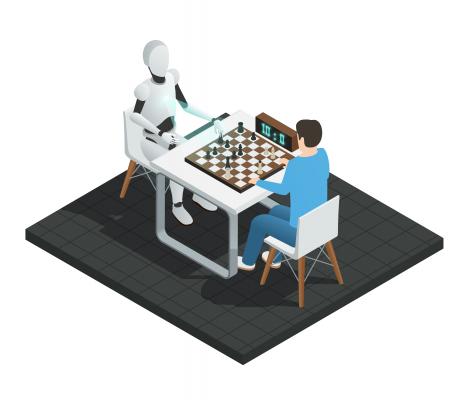Robot and human playing a game of chess 