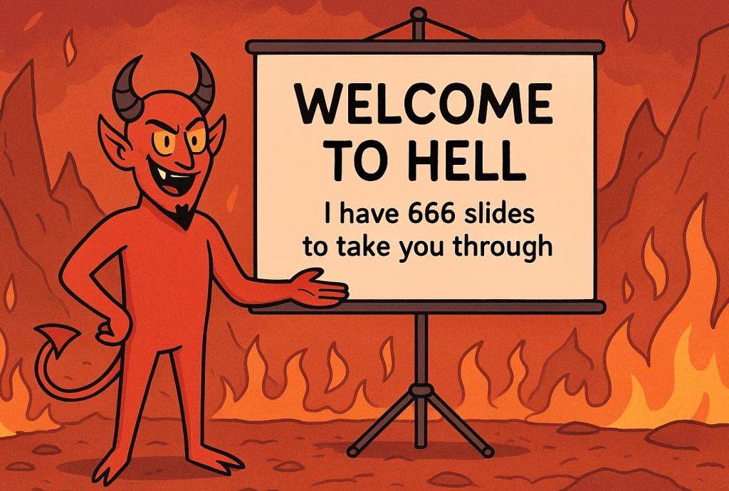 The devil giving a presentation amid flames saying, "Welcome to hell, I have 666 slides for you."