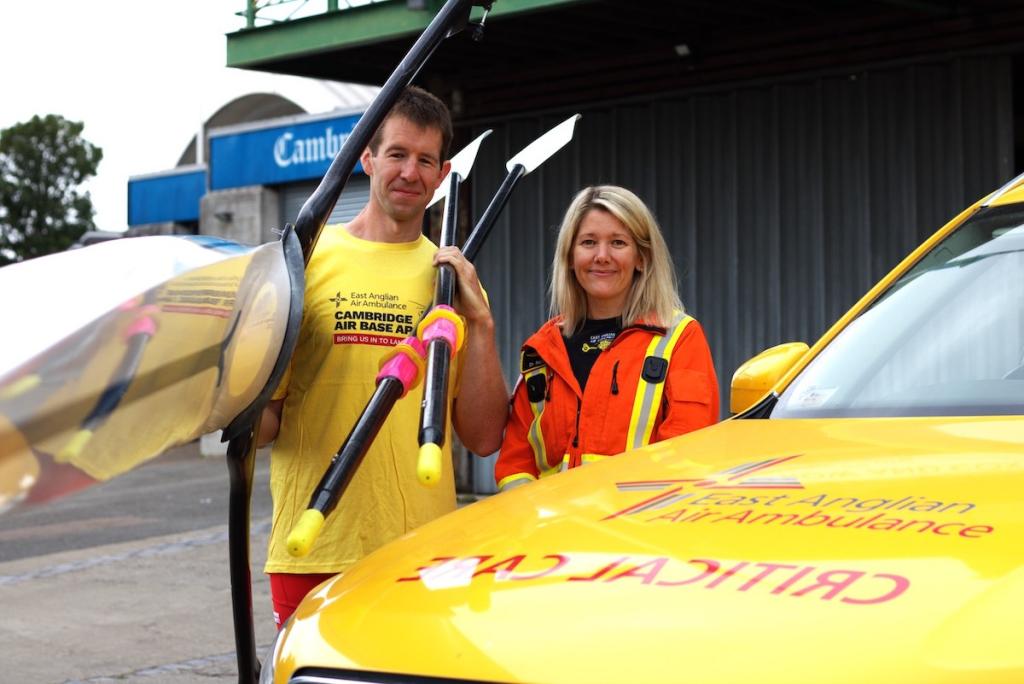 Will Young, whose life was saved by East Anglian Air Ambulance - alongside Dr Nicola Ebbs, Deputy Medical Director of the charity