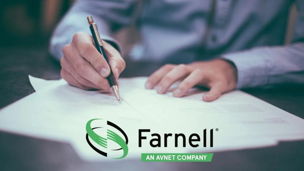 Farnell logo, on top of someone signing an agreement