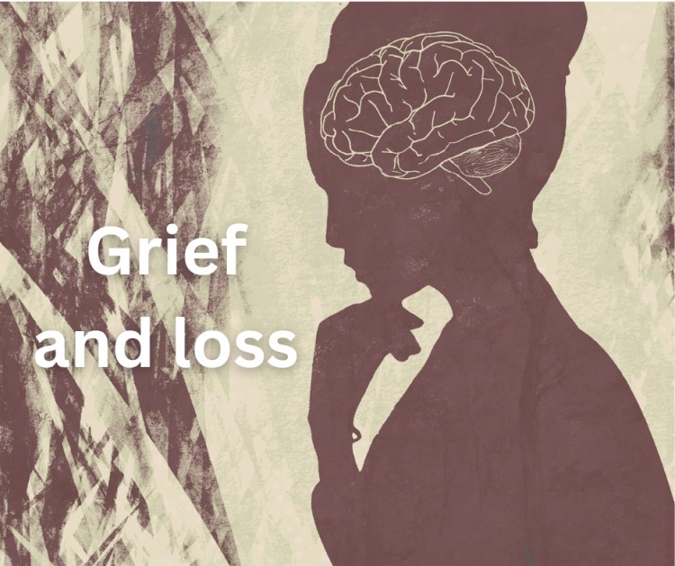 A silhouette of a woman in profile next to the words Grief and loss