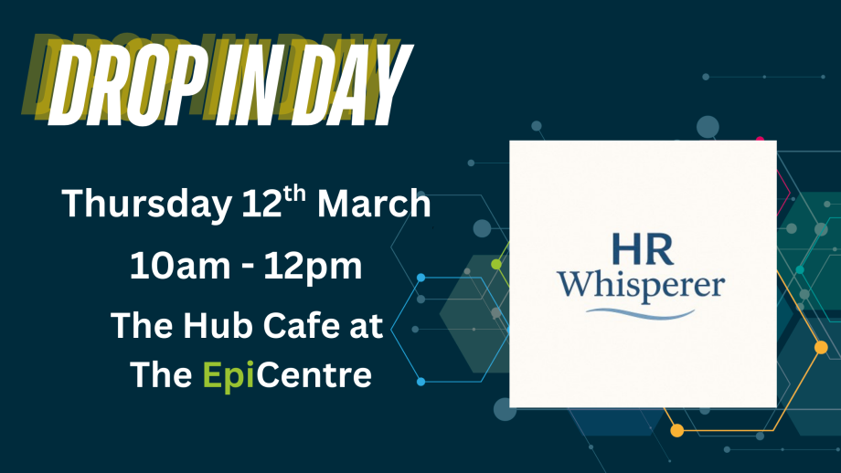 Drop in day with event details on a blue background with the HR Whisperer logo attached. 
