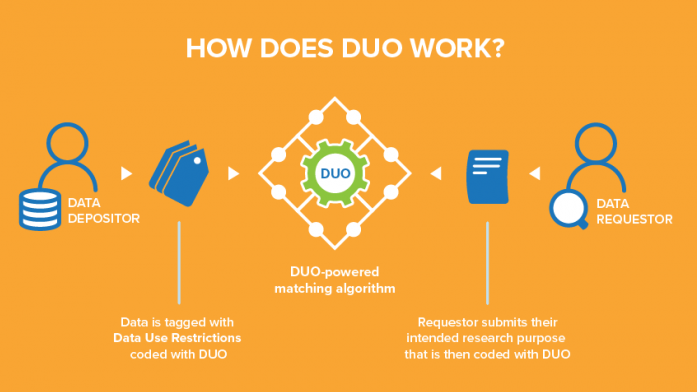 Infographic showing how the DUO is used for depositing and requesting data. 