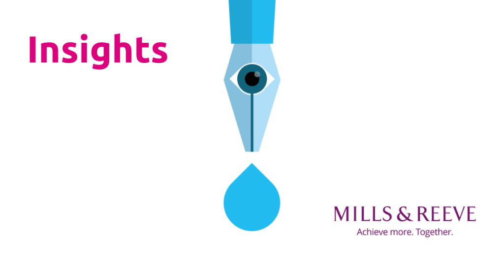 A bright blue pen cartoon pen is in the middle of the white tile with a droplet of ink coming from it. Mills & Reeve's logo is on the bottom right. On the top left is a pink heading that says "Insights"