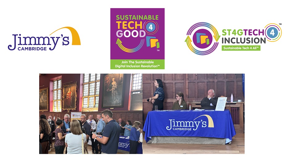 photo of people on a stage with an audience with a Jimmy's logo