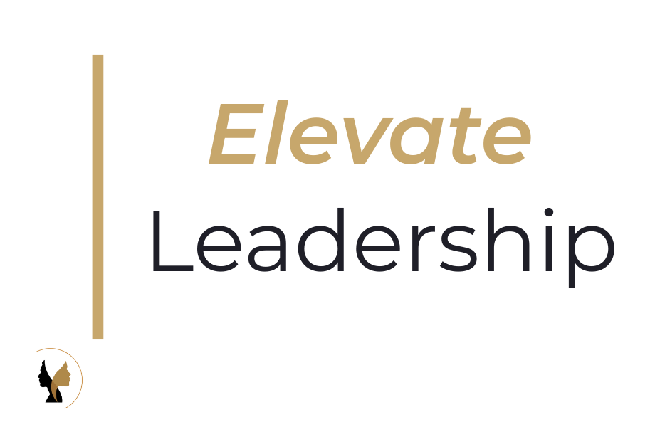 A white background with a thin vertical gold line, a logo with 2 face silhouettes facing in opposite directions, slightly overlapping, enclosed by a thin half circle. Next to the words Elevate written in gold and leadership written in black
