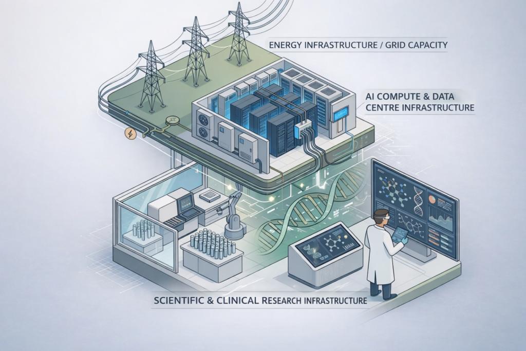 Illustration of the convergence between electricity grid capacity, AI compute infrastructure and life sciences research systems.