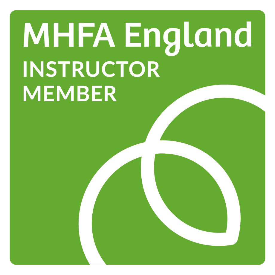 MHFA England Instructor Member badge - white writing on green background