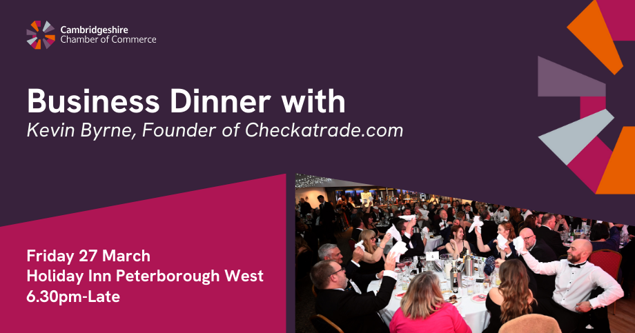 Graphic for Business Dinner with Kevin Byrne, Founder of Checkatrade.com - image of a a group of people sitting and celebrating at a dinner table dressed up