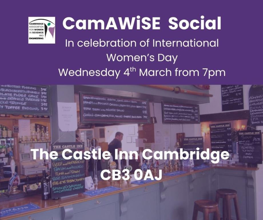 Banner with text describing the social event at Castle Inn Cambridge in purple background and an image of the pub.