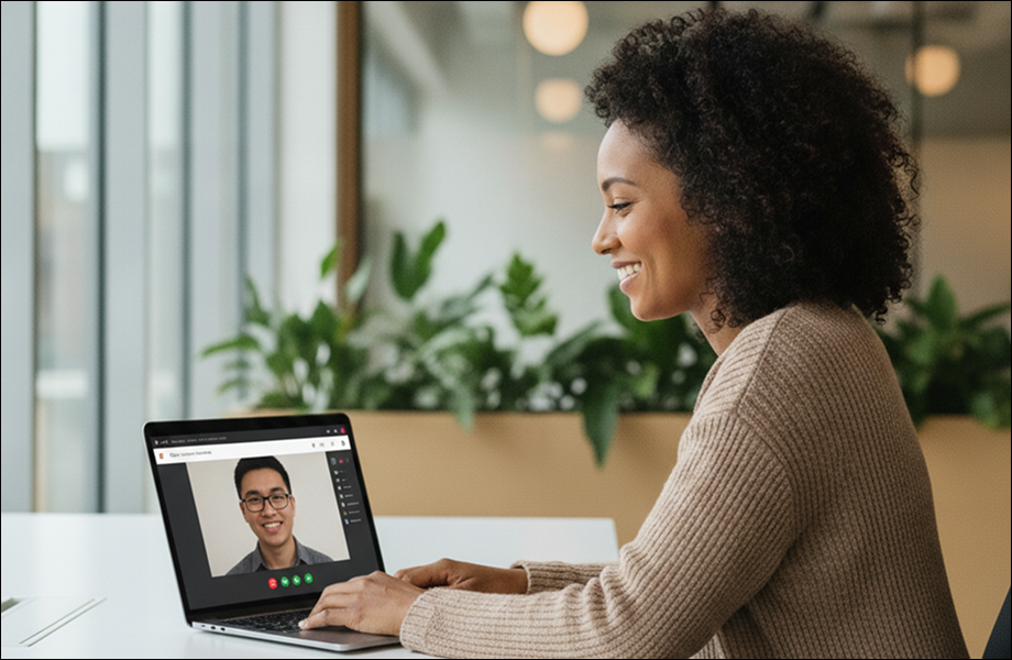 Alt text: A professional woman in her early 30s sitting at a modern, sunlit office desk in Cambridge, looking at her laptop screen with a warm, genuine smile during a video interview. On the laptop screen, a candidate is also smiling naturally. The background shows a beautifully soft-focused, bright collaborative workspace with indoor plants.