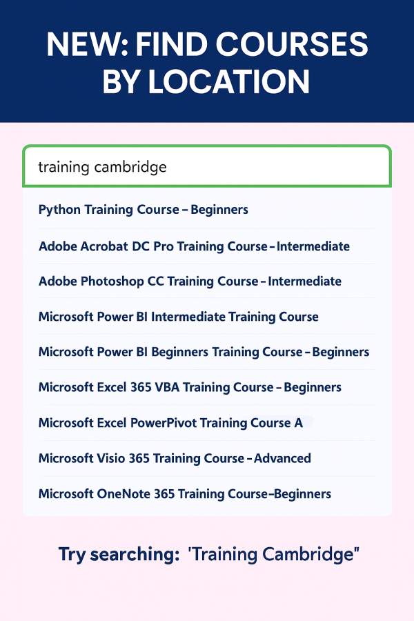 Promotional image demonstrating a new website feature: users can search for training courses by location. The example search ‘training Cambridge’ displays a list of available courses beneath a deep navy header