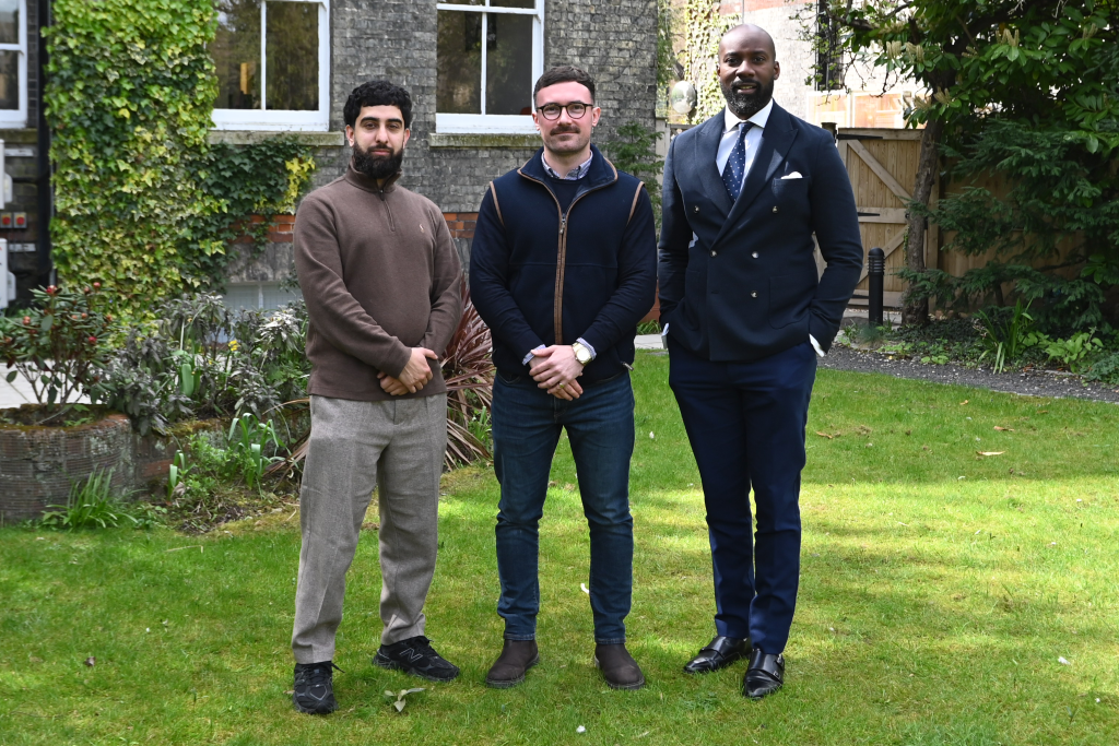 PEM Corporate Finance Team, three business men in a garden in Cambridge