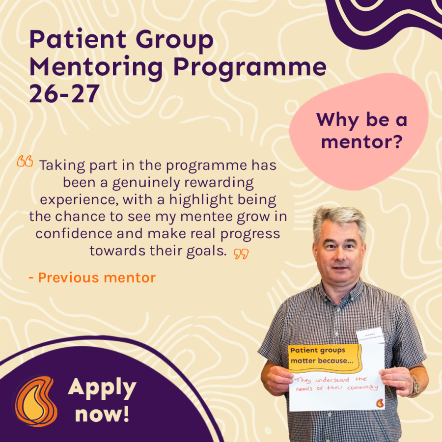 Photo of a patient group leader holding a sign next to a quote about why you should apply to be a mentor
