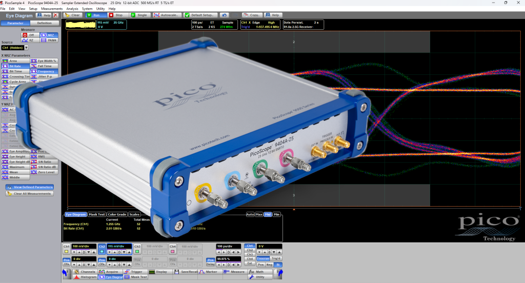 A PicoScope 9404A-25 oscilloscope in front of a dark mode screen shot of  the PicoSample software 