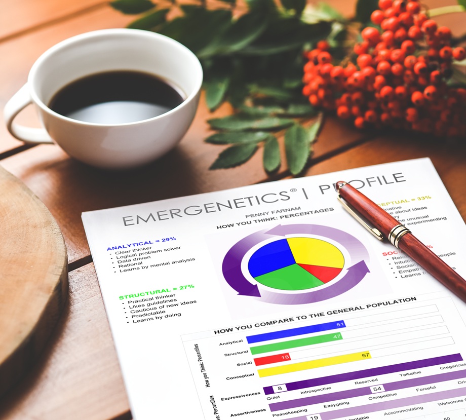 Emergenetics profile on table next to a cup of coffee