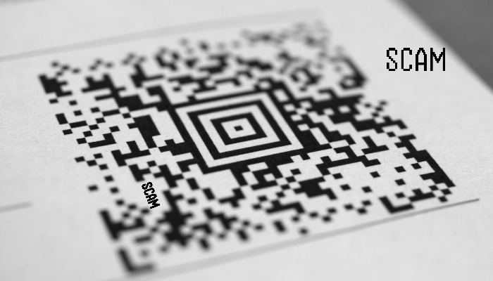 image of a QR code with the word scam embedded