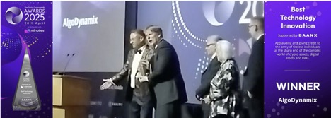 Top innovation award for AlgoDynamix with CEO Dr. Jeremy Sosabowski at the recent Digital Commonwealth awards, Mansion House, City of London (April 2025)