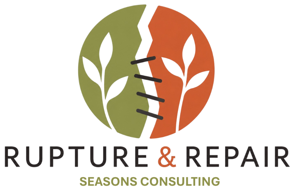 Stylised “Rupture & Repair” logo featuring two split leaf shapes stitched together inside a circle, symbolising rupture and reconnection, with “Seasons Consulting” written below.
