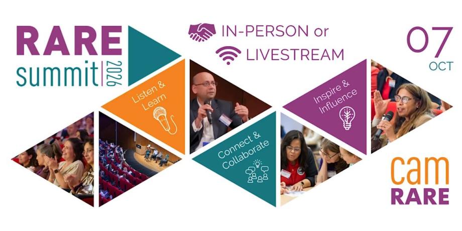 A graphic with white background showing orange, teal and purple colour triangles with photos people at an event and the heading RAREsummit26