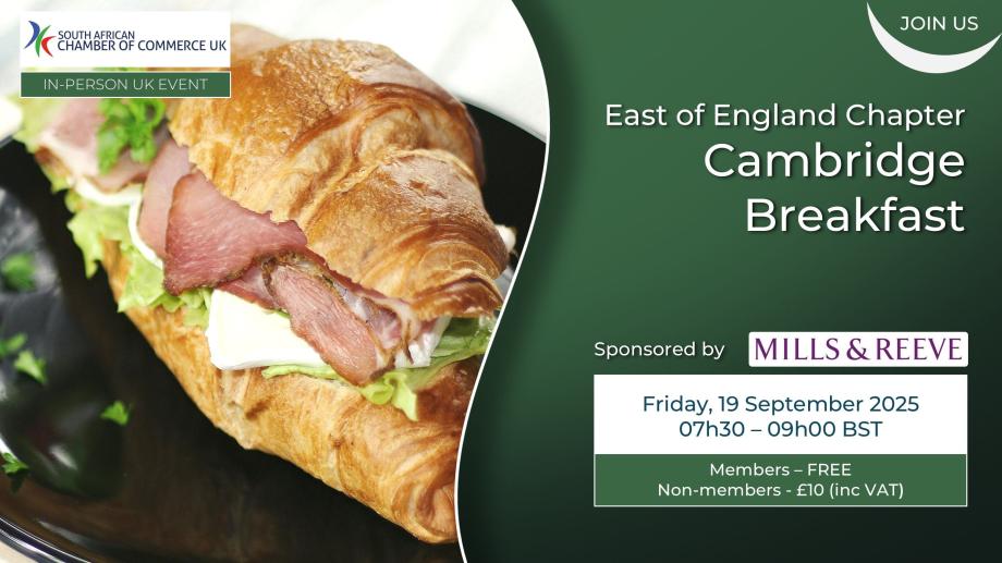Event banner for the South African Chamber of Commerce UK Cambridge Breakfast, sponsored by Mills & Reeve, on Friday 19 September 2025 from 07:30 to 09:00 BST. Free for members, £10 for non-members.