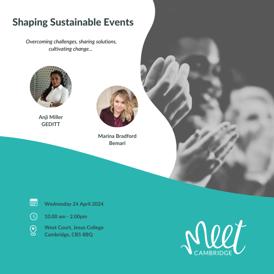 Meet Cambridge Sustainable Shaping Events top half is a black & white image of 2 women panellists, bottom half is teal with white writing