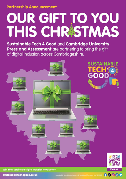 Purple sign with laptops in green ribbons