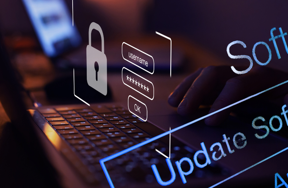 merged images of IT security alerts on laptop screens