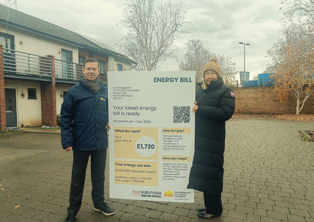 Huge heating bills shouldn’t leave anyone out in the cold. Cambridgeshire Community Foundation’s CEO Michael O’Toole and President Julie Spence OBE QPM CStJ in Peterborough for the launch of the Surviving Winter Appeal