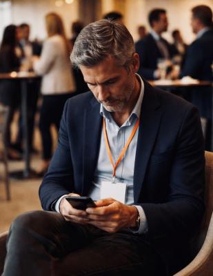 A man intent on his phone, ignoring all else around at a busy networking event