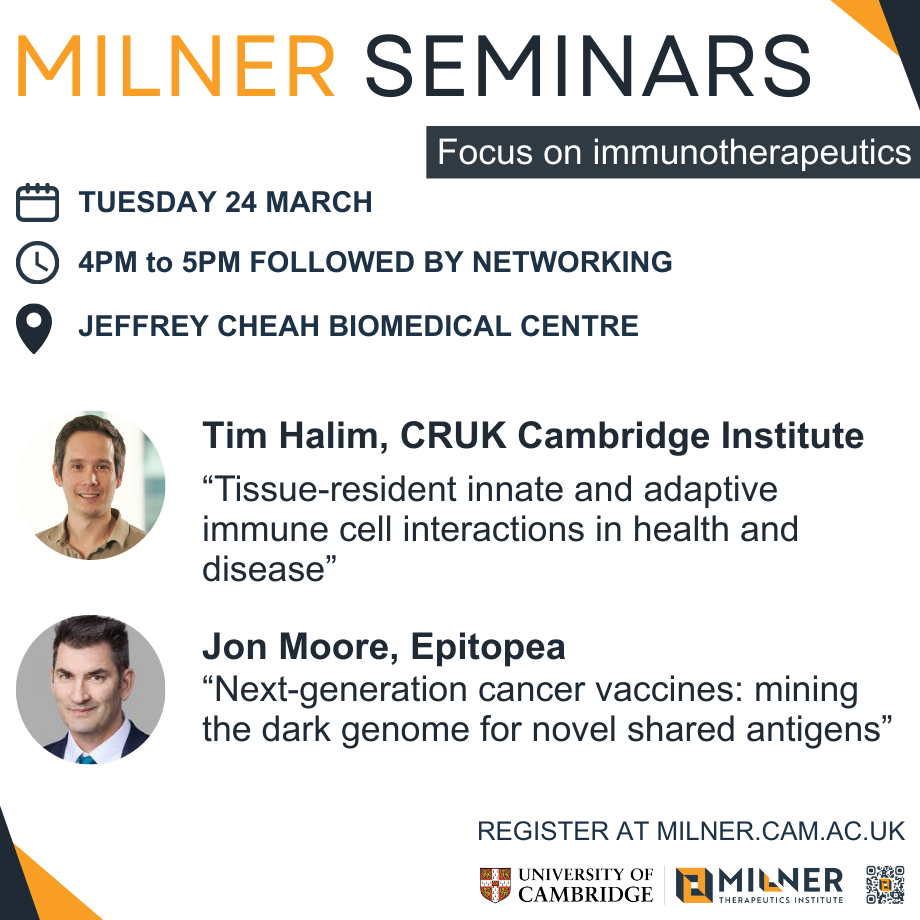 Header image for Milner Seminars - focus on immunotherapeutics with speaker photos and talk titles