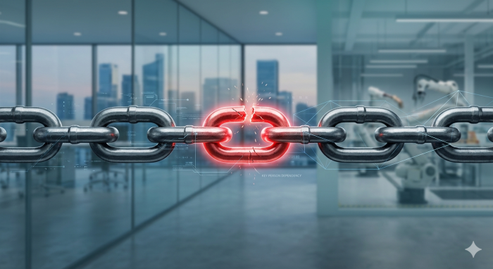 Graphic of a glowing red broken link representing a single point of failure and founder dependency in business operations.