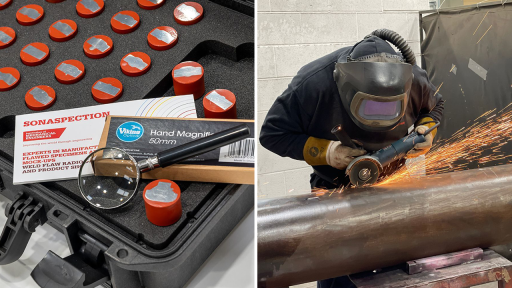 Sonaspection NDT samples and a man using an angle grinder on a large metal pipe