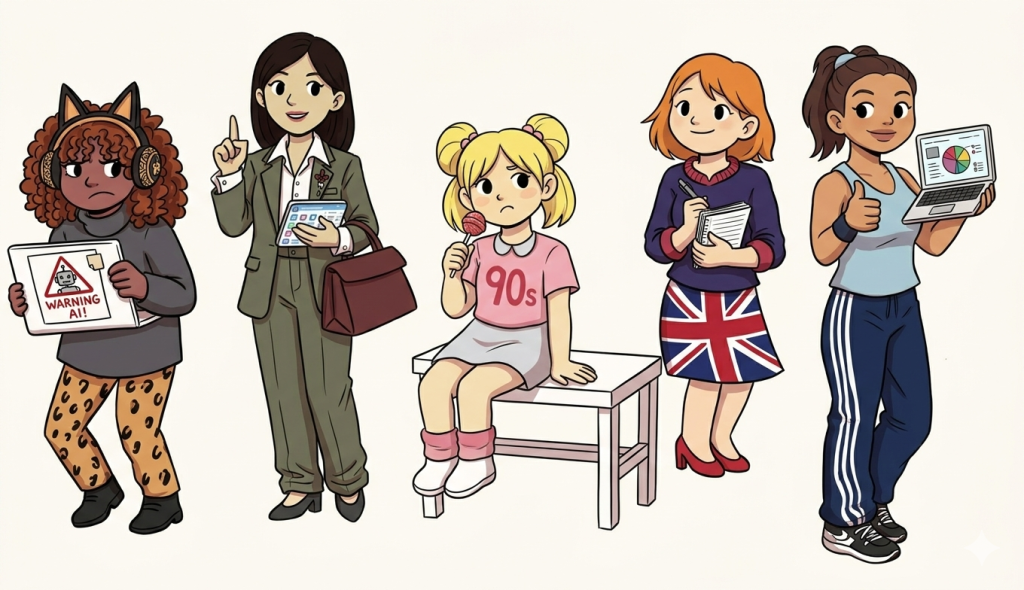Drawing of the Spice Girls if they worked in corporate. 