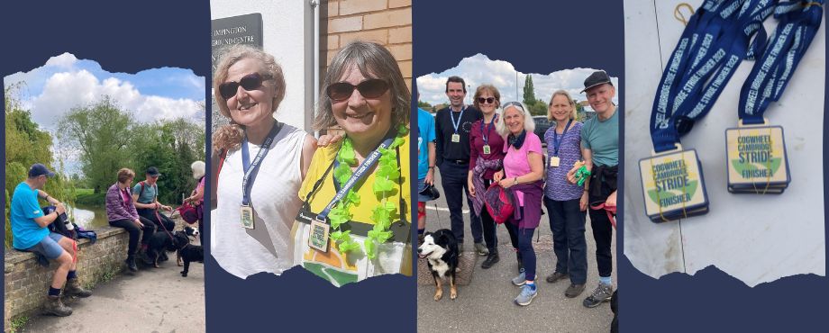 The image shows pictures of people taking part in the first Cogwheel Cambridge Stride in 2023
