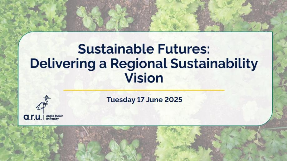 Black text reading Sustainable Futures on a panel surrounded by leaves