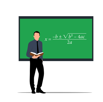Graphic showing a man standing by a board showing an equation
