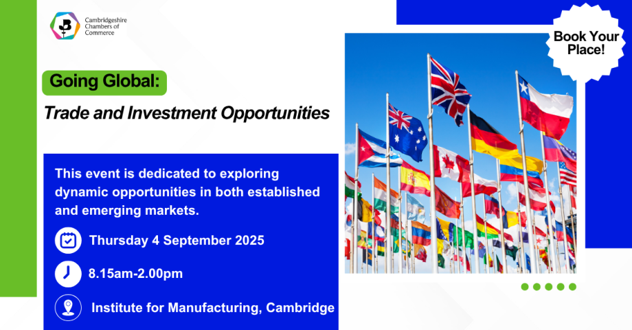 invite to international trade event on September 4 - image of worldwide flags with blue box and white text 