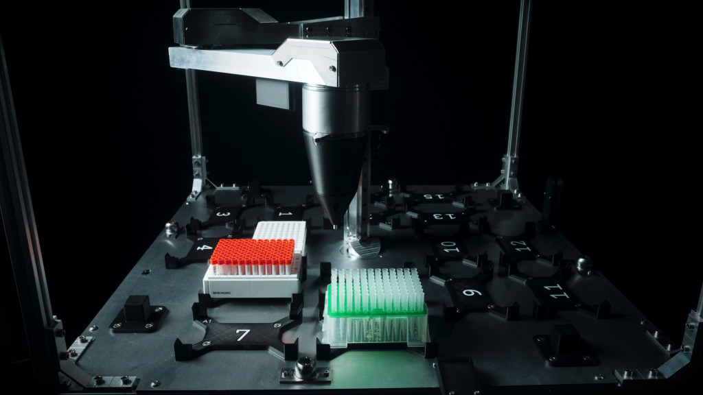 The Trilobio platform deck with a single pipette