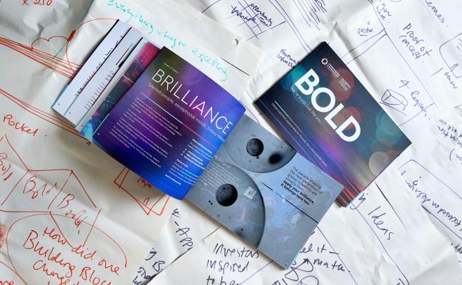 Brochure pages on a background of workshop notes