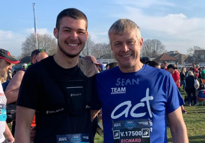 Photo of Sean with his godson Max - in this year's Cambridge Half Marathon and ahead of their 'Swavesey to Spurs SIXTY Miler'