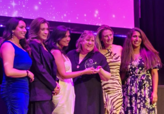 left to right on photo (courtesy of Sian Garwood) Harpreet Kaur hosting the night, Aubany Swinney, Babita Devi, Rachel Burrows, and Kate Halsted, and on the far right, Lamia Gaman from Treatt, who sponsored the category.
