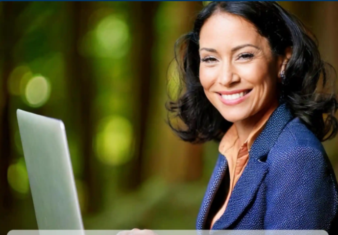 Smiling professional woman sitting outdoors with a laptop, representing confidence and learning. Text on image reads “HR Training Guide – Upskilling Your Team with Confidence. enjoy learning