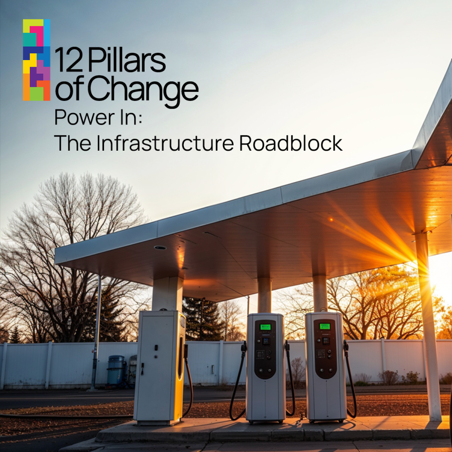 Report cover for Power In: The Infrastructure Roadblock, featuring a charging station at dawn
