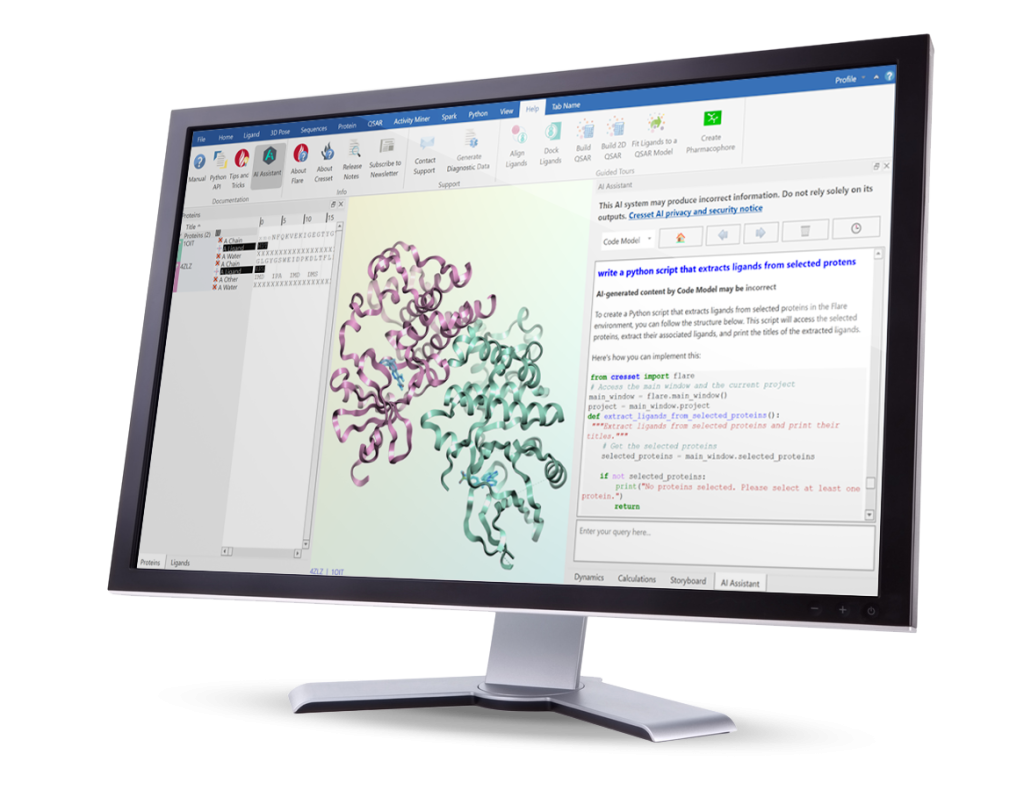 Computer monitor displaying digital molecular design solution Flare V11