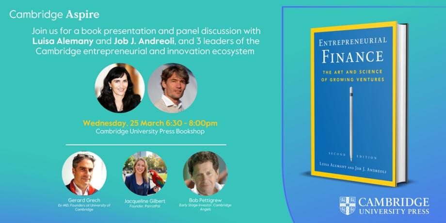 Profile pictures of the authors and panel guests alongside an image of the book, Entrepreneurial Finance