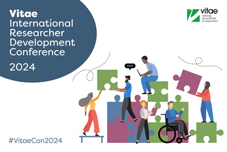 Vitae Conference 2024 banner, includes designed images of avatars putting together a jigsaw puzzle