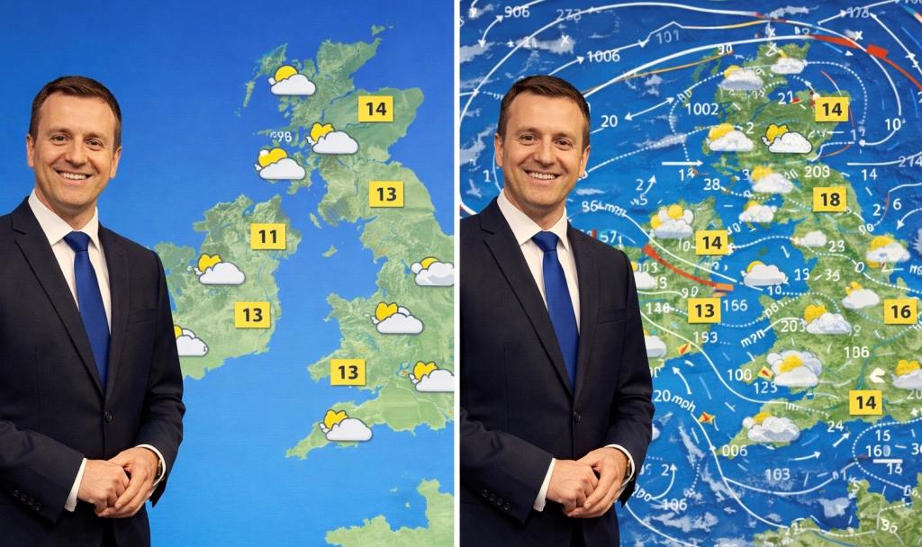 Two TV weather maps. The first is simple, with just sunshine and temperature symbols. The second is a mess, full of clouds and sun, lines to denote pressure and wind movements and temperature symbols.