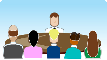 Image by Clker-Free-Vector-Images from Pixabay showing a manager at his desk in front of some employees