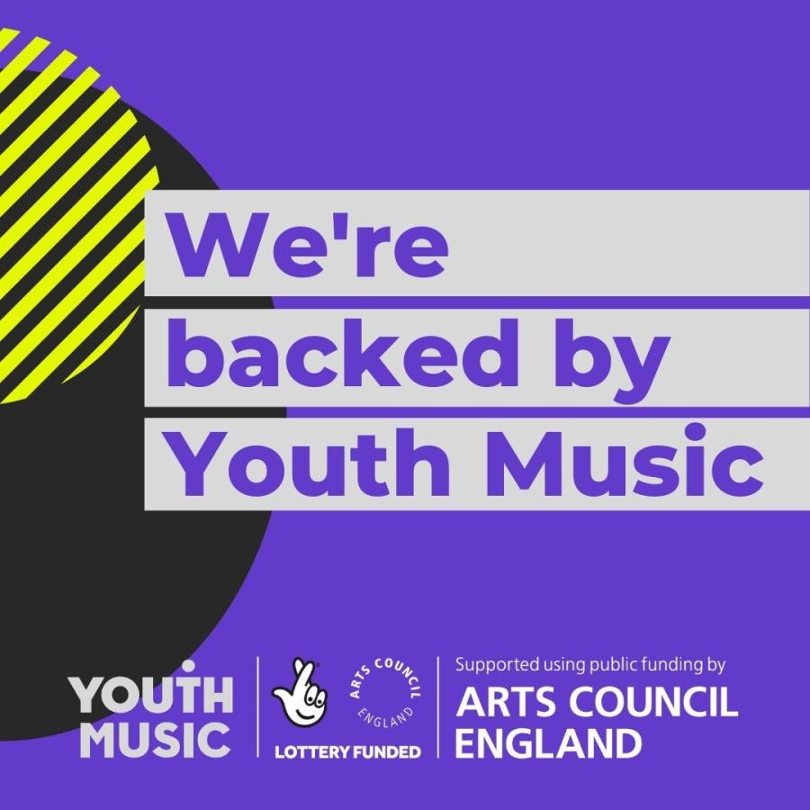 Square purple image saying "We're backed by Youth Music"